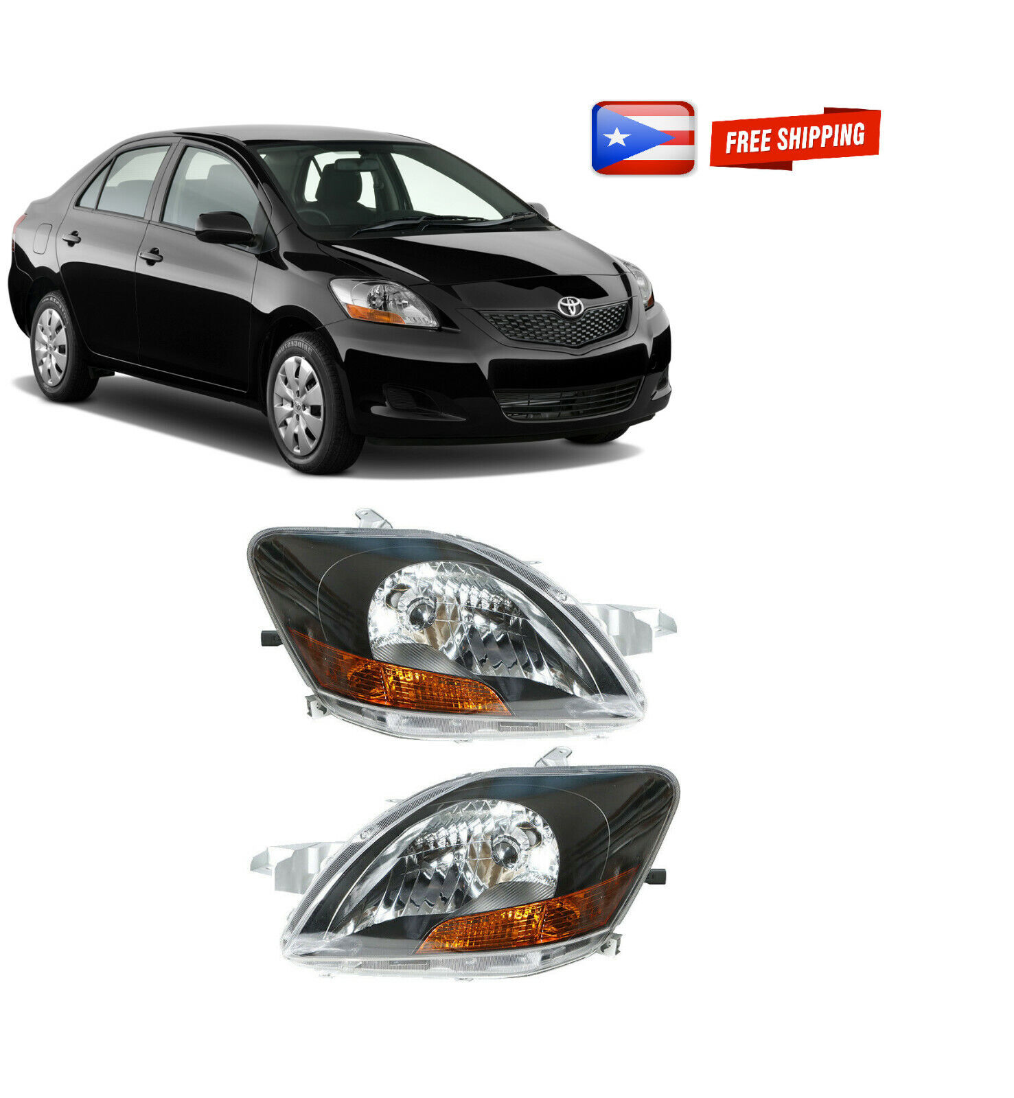 For 2007-2011 TOYOTA YARIS Sedan Headlights Lamps Black Housing Left+Right  Set | eBay